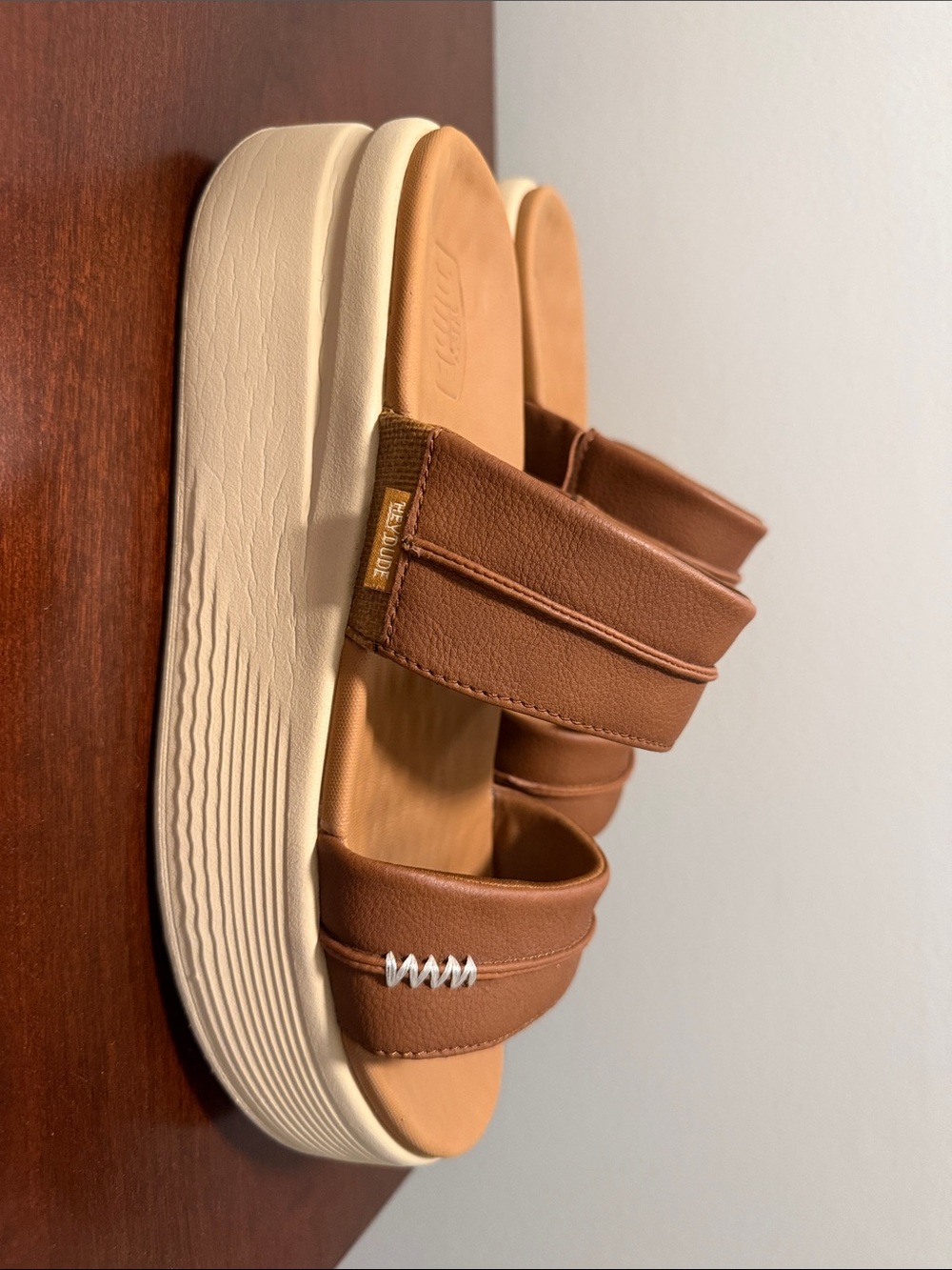Hey Dude Tan Leather Platform Double-Strap Slides with Cream Sole
